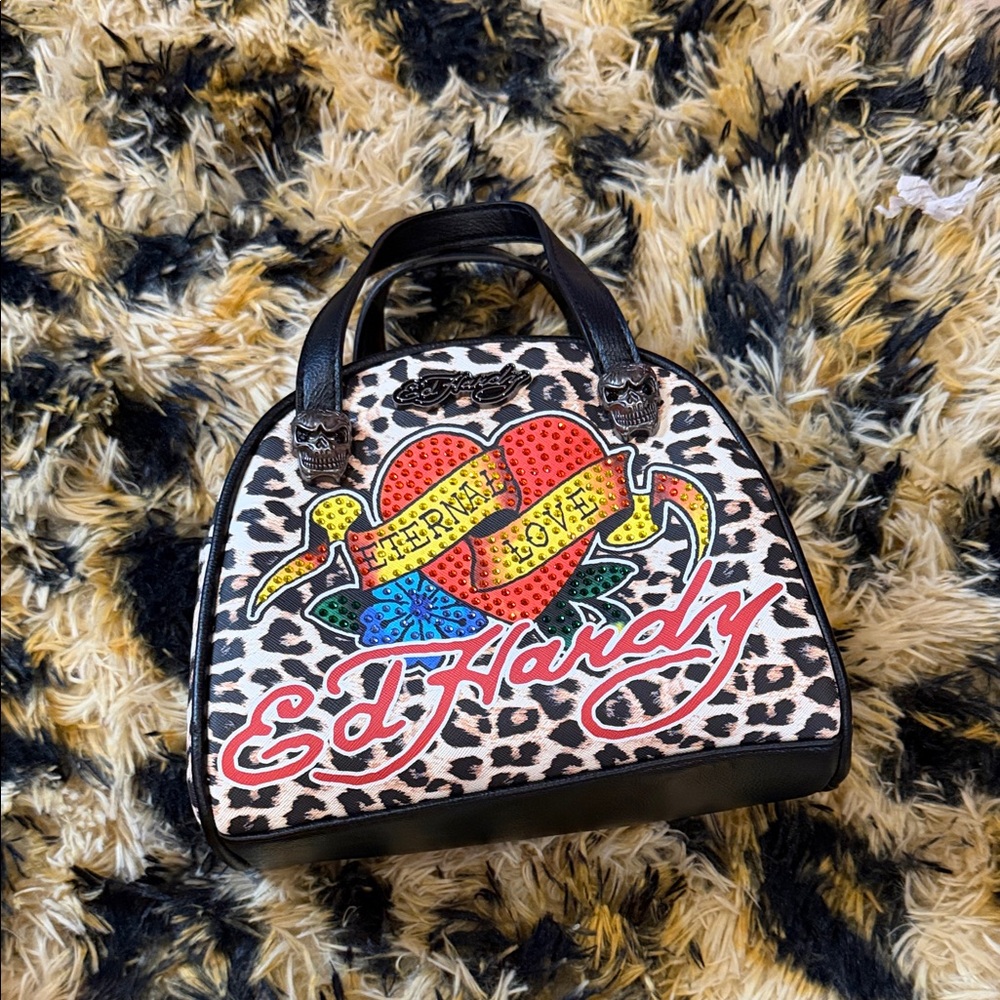 Ed Hardy Black Leopard Satchel with Multicolor Heart Graphic